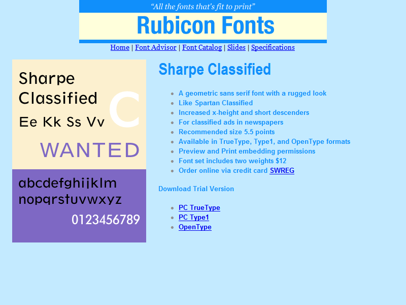 Click to view Sharpe Classified Font TT 2.00 screenshot